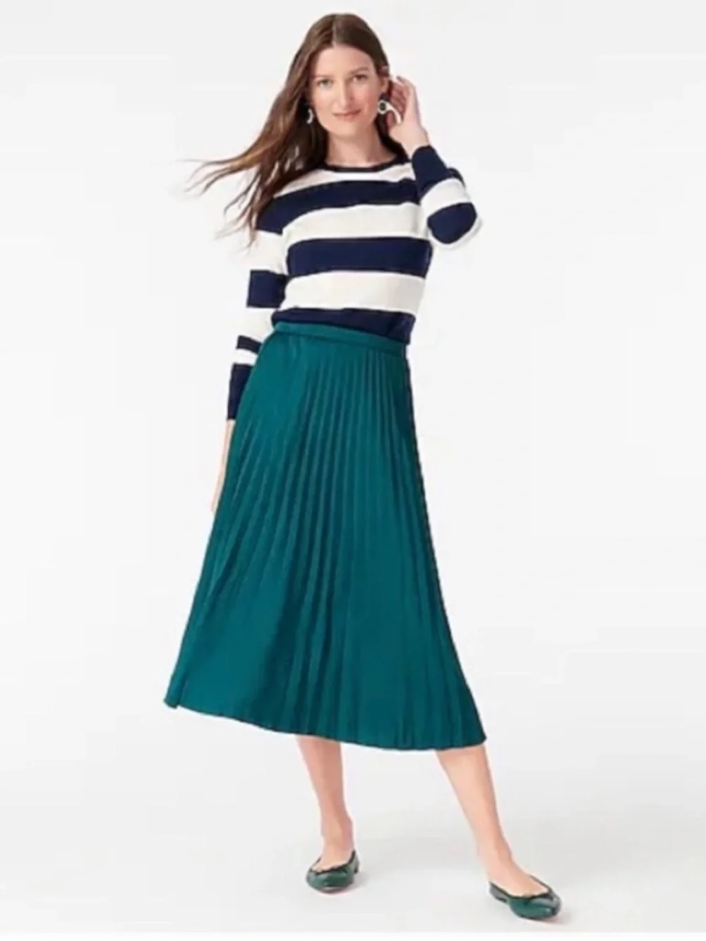 New J.Crew Emerald Green Accordion Pleated Midi Skirt Size 2